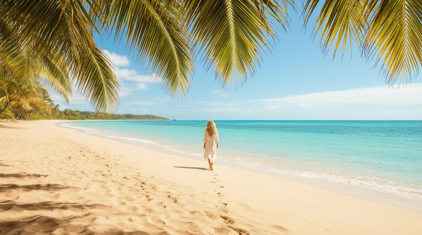 Woman walking along a Hawaiian beach at sunset — Wild Palm Travel luxury travel planning
